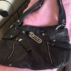 b. makowsky Black Leather Shoulder Bag with Silver Accents